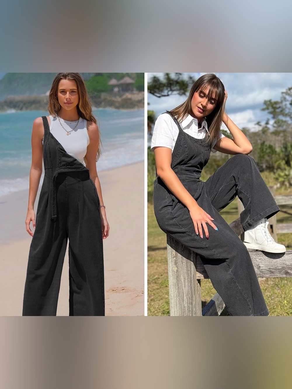 Women’s Fall Black Denim Loose Fit Wide Leg Bib Jumpsuit with Pockets